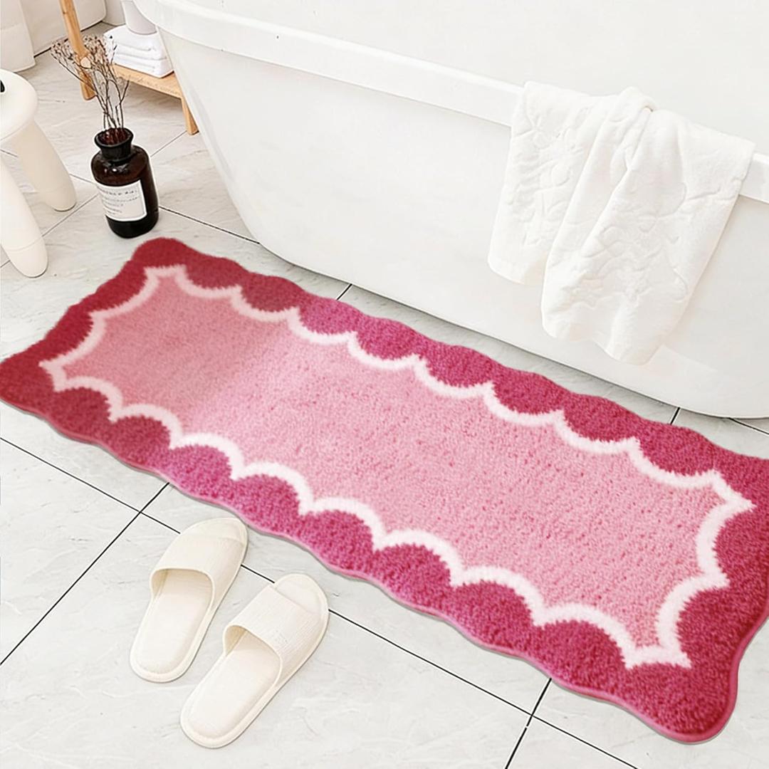 Cute Scalloped Rose Pink Bathroom Rugs Mat,Non Slip Absorbent Quick Dry Bath Mats for Shower Room,Microfiber Bath Mats for Bathroom Floor Washable Carpet for Shower Tub Sink Bedroom,17"x47" (2' x 4'11" (Rectangular))