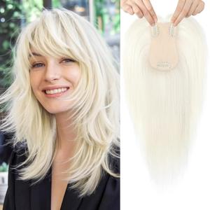 FLUFYMOOZ 100% Real Human Hair Toppers, 12 Inch Human Hair Toppers for Thinning Hair Large Hand-woven Area 360 Coverage Natural Hairpiece Wiglet for Women Daily 5"x3" Silk Base (Pale Platinum Blonde)