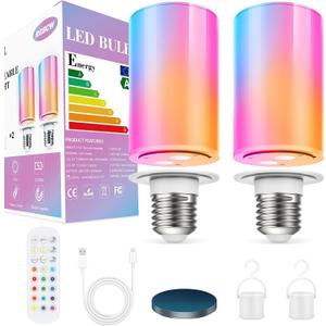 10000mAh Rechargeable Led Corn Light Bulb,Battery Operated Light Bulb with Remote Control, E26, 60W Equivalent, 800Lum, 3 Color Temperatures, 12 RGB, Emergency Lamp, 2PC