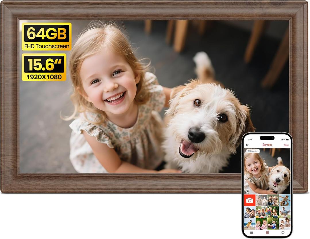 64GB 15.6" Frameo Digital Picture Frame WiFi, Large Electronic Photo Frames Wood 1920 x 1080 IPS FHD Touch Screen, Send Photos from Your Phone from Anywhere, Best Gifts for Family and Friends