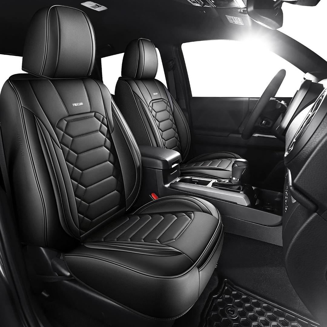 FREESOO 2 Front Tacoma 2005-2023 Seat Covers Custom Fit for Toyota Tacoma Double Crew Cab Faux Leather Pickup Truck Seat Covers (2 PCS Front, Black)