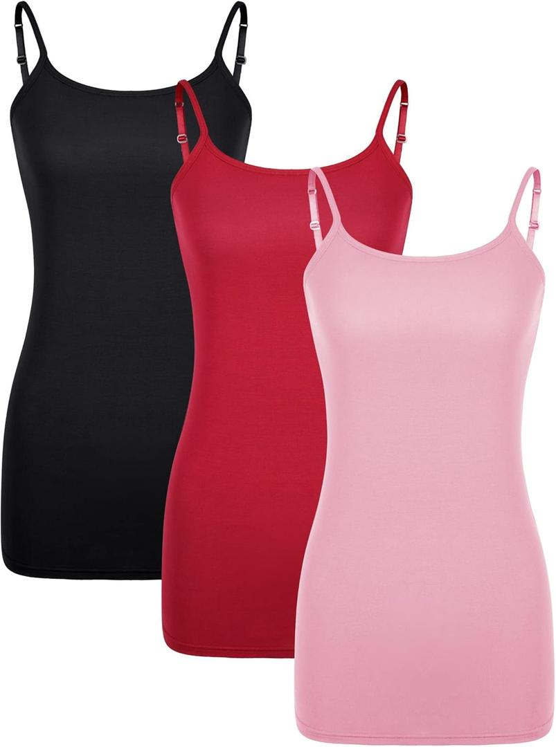 WILLBOND 3 Pieces Women Basic Long Tanks Adjustable Spaghetti Strap Camisole Top (Medium, Black, Red, Pink)