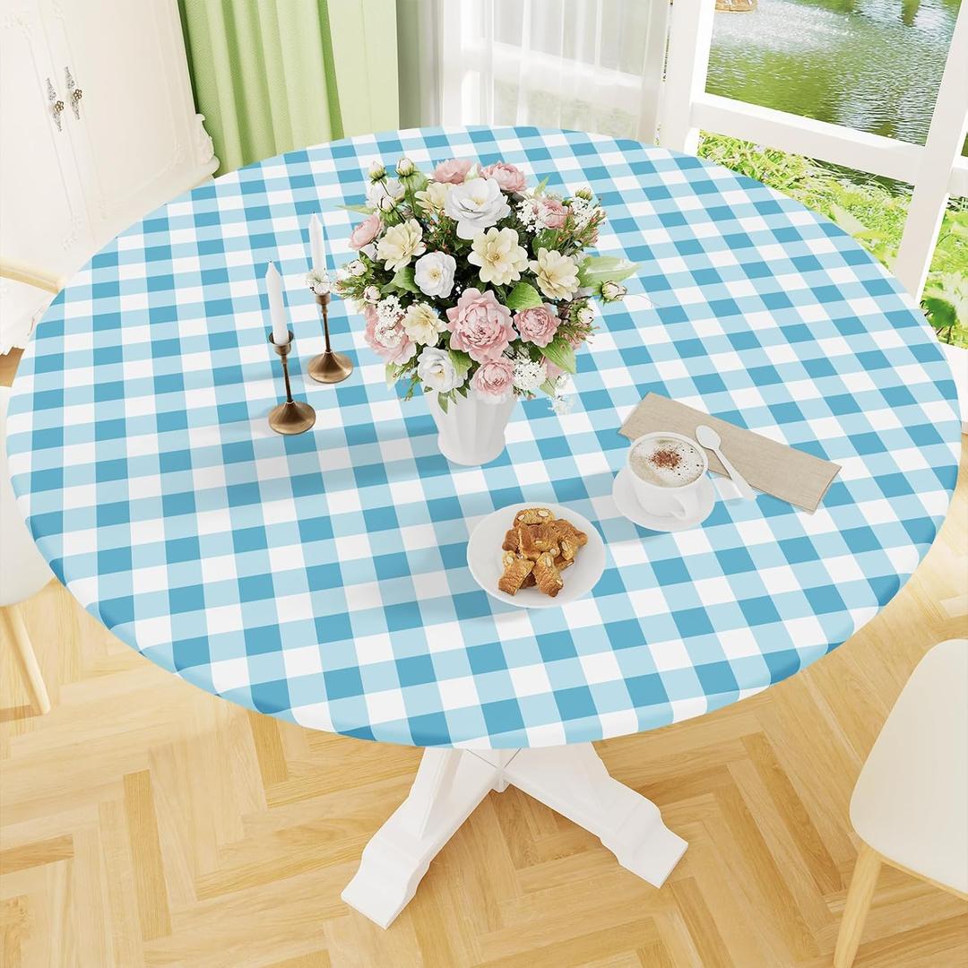 Smiry Round Picnic Tablecloth, Elastic Waterproof Fitted Vinyl Tablecloths for 45"-56" Tables, Flannel Backed Buffalo Plaid Table Cover for Dining, Camping, Outdoor, White and Aqua