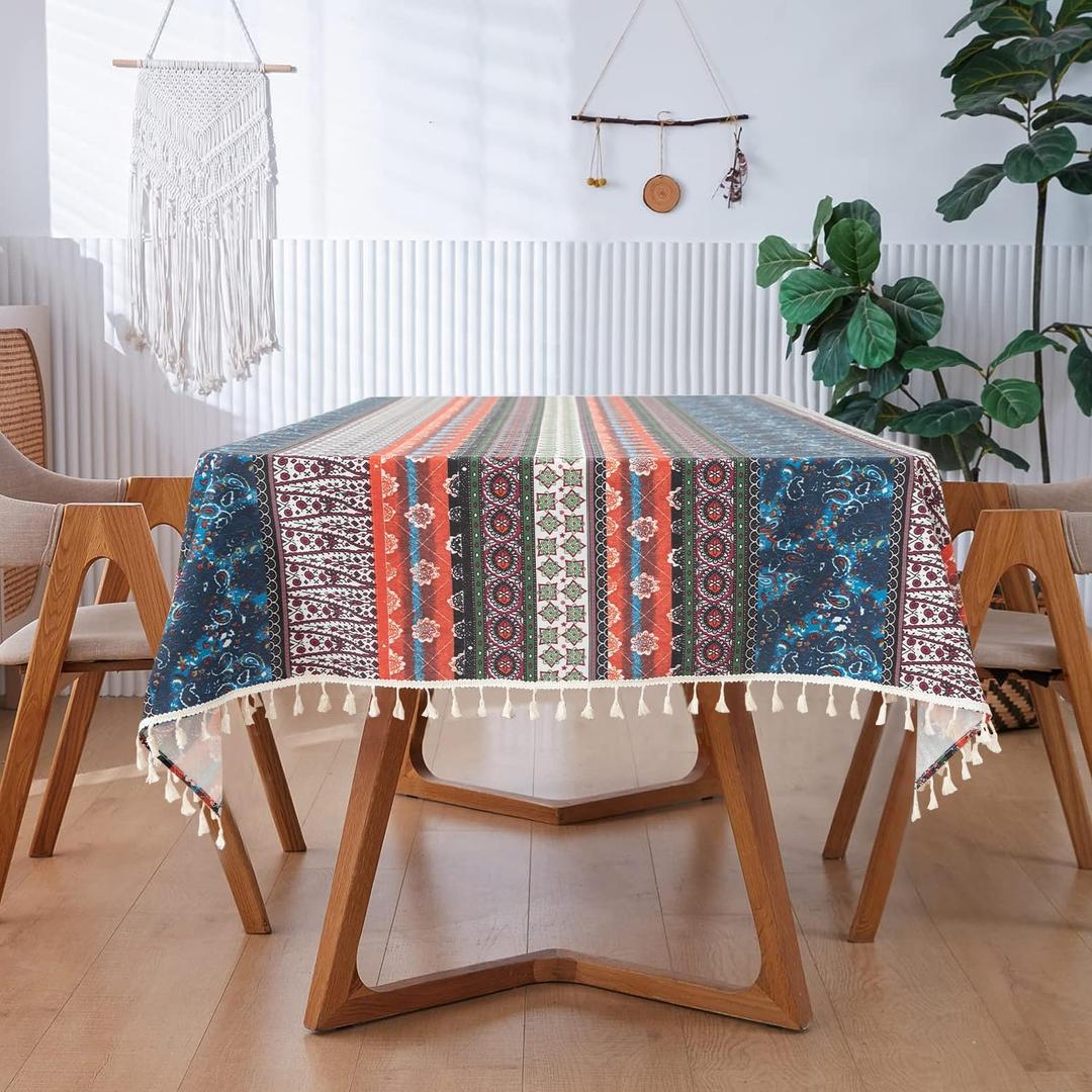 VOGOL Linen Textured Table Cloth, Striped Printed Boho Style Rectangle Table Cover for Thanksgiving Dinner, Decorative Tablecloth for Dining Table, 52 x 102 in (C4)