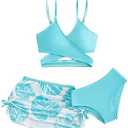 Milumia Girl's 3 Pieces Bikini Set Tropical Print Criss Cross Wrap Bathing Suit with Beach Skirt, 11-12 Y