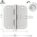Door Hinges Brushed Nickel - 30 Pack Nickel Door Hinges 3.5 Inch Rounded Interior Satin Nickel Door Hinge with 5/8" Radius - Flat Iron Residential Standard 3 1/2 Inches Silver Door Hardware