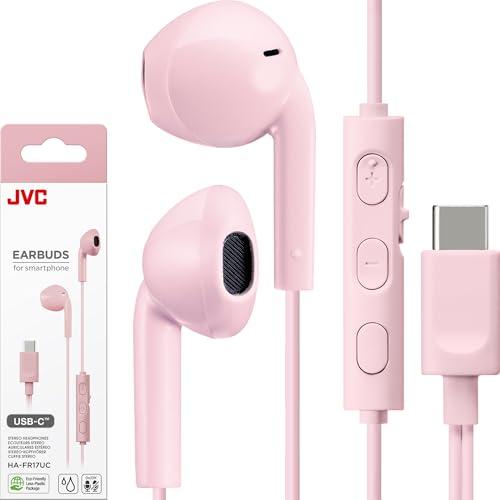 JVC USB-C Wired Earbuds Headphones, Delay-Free for Videos and Gaming, Built-in DAC Reduces Noise and Improves Sound Quality, 10.7 mm Diameter Neodymium Drivers - HAFR17UCP (Pink)
