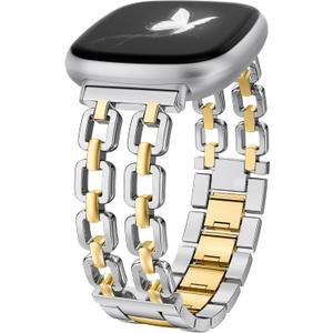Wearlizer Metal Band Compatible with Fitbit Versa 4 Bands for Woman/Versa 3/Sense 2/Sense Bands Women, Dressy Chain Strap Designer Stainless Steel Bracelet Wristband (Silver/Gold)