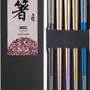 Metal Chopsticks Reusable Multicolor Stainless Steel Chopsticks Dishwasher Safe Chop Sticks Laser Engraved Copper Coin Pattern Square Non-slip, 9 1/4 Inches 5 Pairs Gift Set
