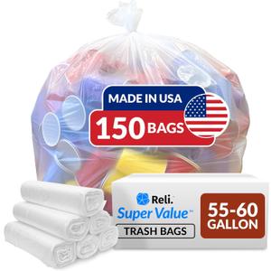 Reli. Easy Grab Trash Bags, 55-60 Gallon (150 Count) (Clear) - Star Seal Super High Density Rolls - Heavy Duty Can Liners, Garbage Bags, Bulk Bags - 50, 55, 60 Gallon Capacity