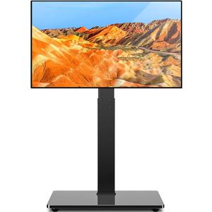 Universal Floor TV Stand Base for 32-75 Inch TVs up to 110 Lbs with Swivel Height Adjustable Mount, Black Tempered Glass Base for Media Storage and Space Saving