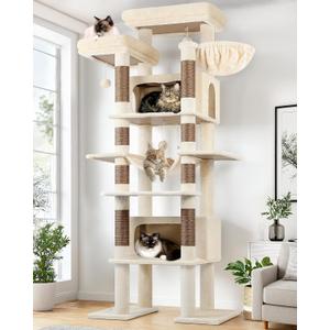 Globlazer XXL Giant Cat Tree, 83 Inch Heavy Duty Tall Cat Tower for Indoor Cats Large Adult, Multi-Level Large Cat Condo with 8 Scratching Posts, Hammock, 2 Cat Caves, 2 Platform, F83B, Beige