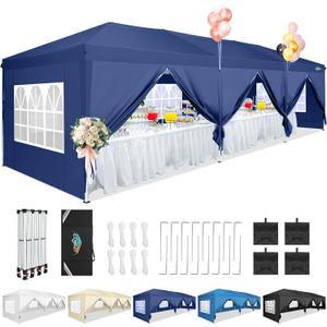 COBIZI 10x30 Canopy Party Tent with 8 Walls 10x30 Pop Up Tent for Parties Waterproof UPF 50+ Outdoor Commercial Event Tent for Party Backyard Gazebo Canopy with Sidewalls & Sandbags(Navy Blue, 10x30ft)