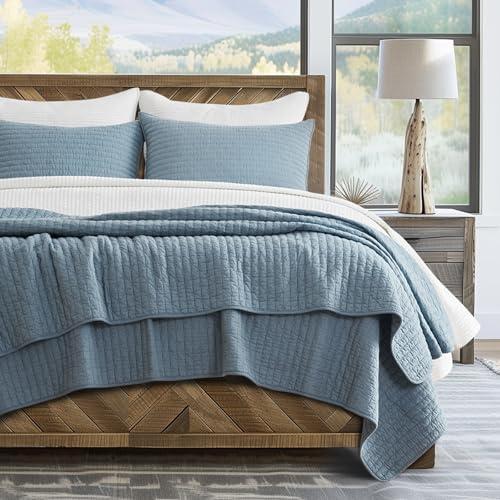 EVERGRACE x Kinsey Walsh Cross Stitch Pre-Washed Cotton Quilt Bedding Set Queen Size, Oversized 1 Pieces Lightweight Bedspread Coverlet for All Season, Dusty Blue, 92"x96"