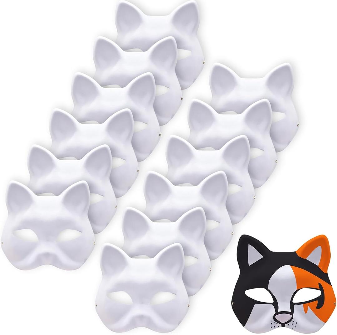 12 Pack White Fox Masks DIY Blank Animal Face Mask with Elastic Strap for Halloween, Masquerade, Cosplay, School Drama, Painting Craft and Party Decorations