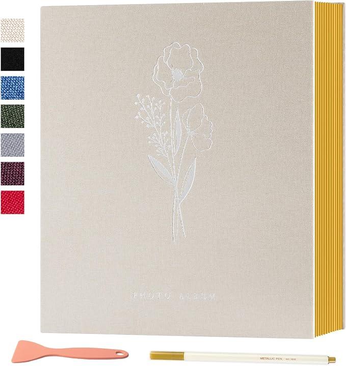 Lanpn Self Adhesive Photo Album Scrapbook 80 Pages, Linen Photos Albums DIY Sticky Magnetic Pages holds 4X6 7x5 A5 Picture for Family Wedding Birthday (Large-40 Sheets/80 Pages, Beige)
