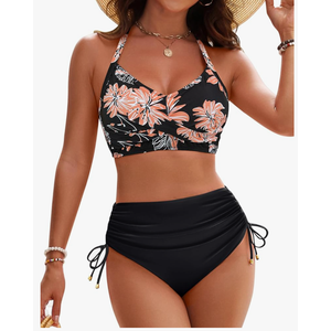 Blooming Jelly Womens High Waisted Bikini Sets Drawstring Tummy Control Swimsuits Crisscross Tie Back Bathing Suit Size S