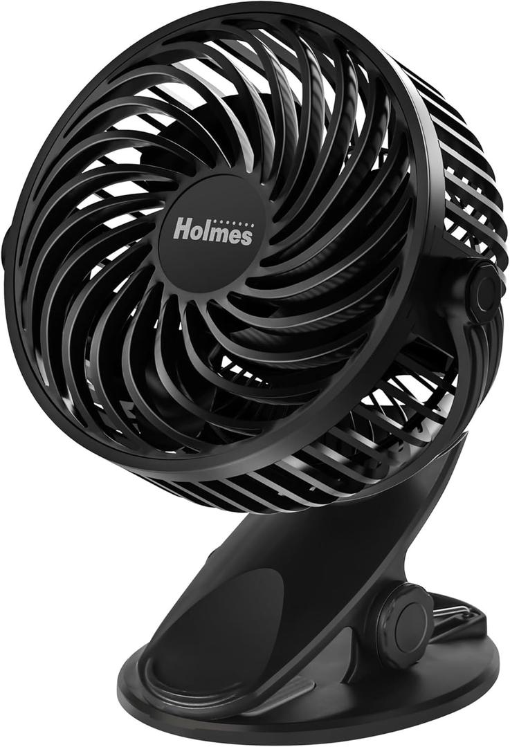 HOLMES 4 On-The-Go Personal Fan with Clip  3 Speed Settings, 360 Rotation, Rechargeable Battery, USB-C Charging, Compact & Portable Design, Black  Ideal for Desks & Personal Spaces