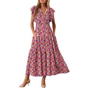 BLENCOT Womens Cotton Floral Maxi Dresses Casual Flowy Boho Dresses Summer Ruffle Short Sleeve V Neck Dress with Pockets (L)