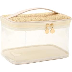 RSRSLEII Boho Large Clear PVC Waterproof Makeup Bag with handle, Transparent Zipper Cosmetic Bag for Travel, Beach Bag for Sun screen Skincare (01Large size-Beige)