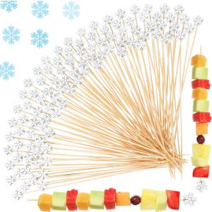 FoldTier 100 Pcs 8 Inch Snowflake Cocktail Picks for Fruit Kabobs Appetizers Cocktail Fancy Bamboo Skewers Sticks Toothpicks Cake Topper for Valentine Galentine Winter Disco Party Decor