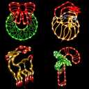 GMFINE Lighted Christmas Decorations for Windows, Pack of 4 Plug-in Christmas Wreath Reindeer Santa Claus and Candy Cane Window Silhouette for Holiday New Year Winter Indoor Hanging Lights Decor