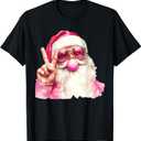 Retro Pink Santa Blowing Bubble Gum Funny Merry Christmas T-Shirt, S