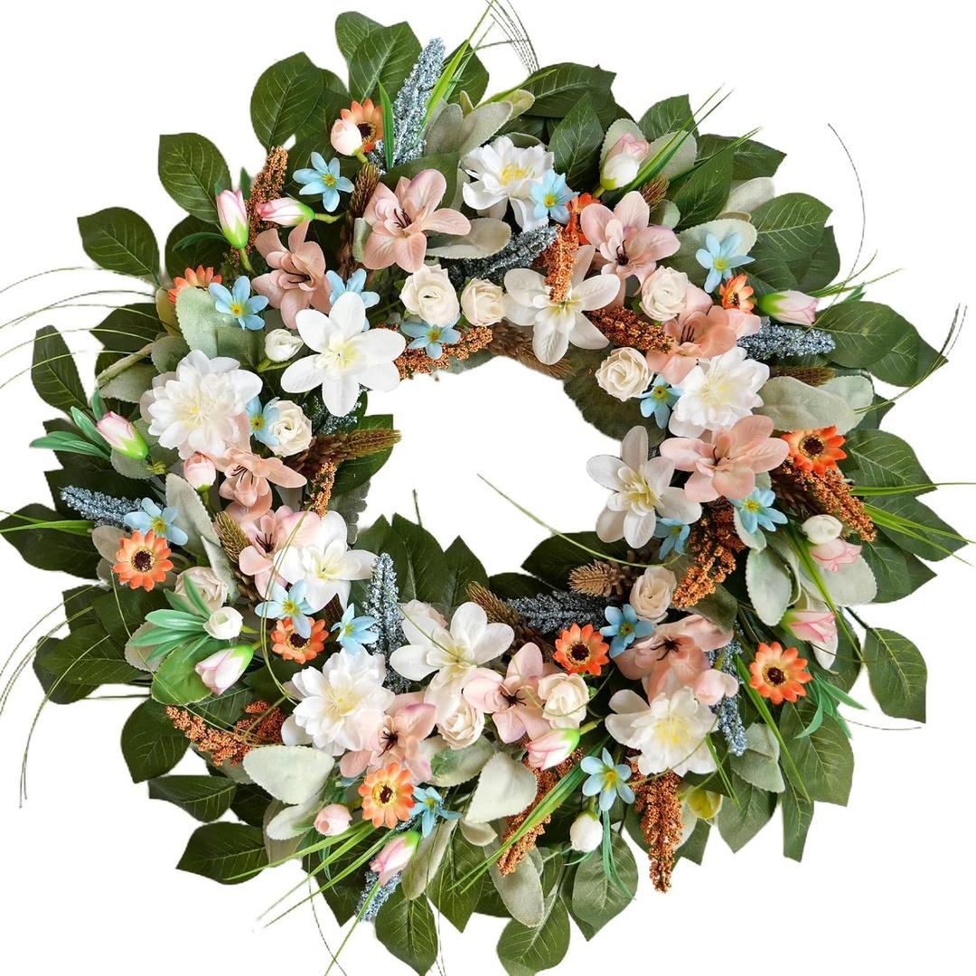 2 x 24 Inches Spring Wreaths for Front Door Spring Door Wreath Summer Floral Wreath with Wildflower for Wall Porch Indoors Outdoor Window Home Farmhouse Decorations