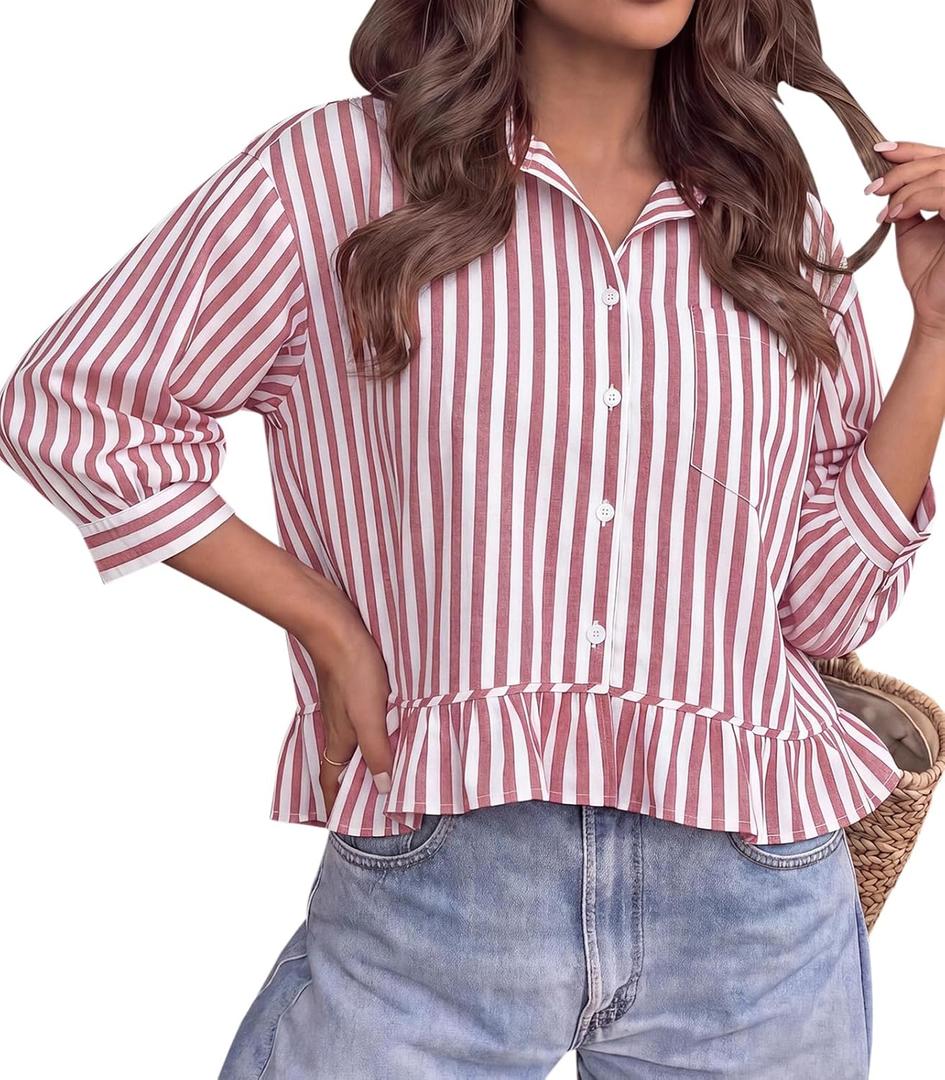 PRETTYGARDEN Striped V Neck 3/4 Length Sleeve Oversized Button Down Shirts for Women Ruffle Summer Tops Dressy Casual Blouses