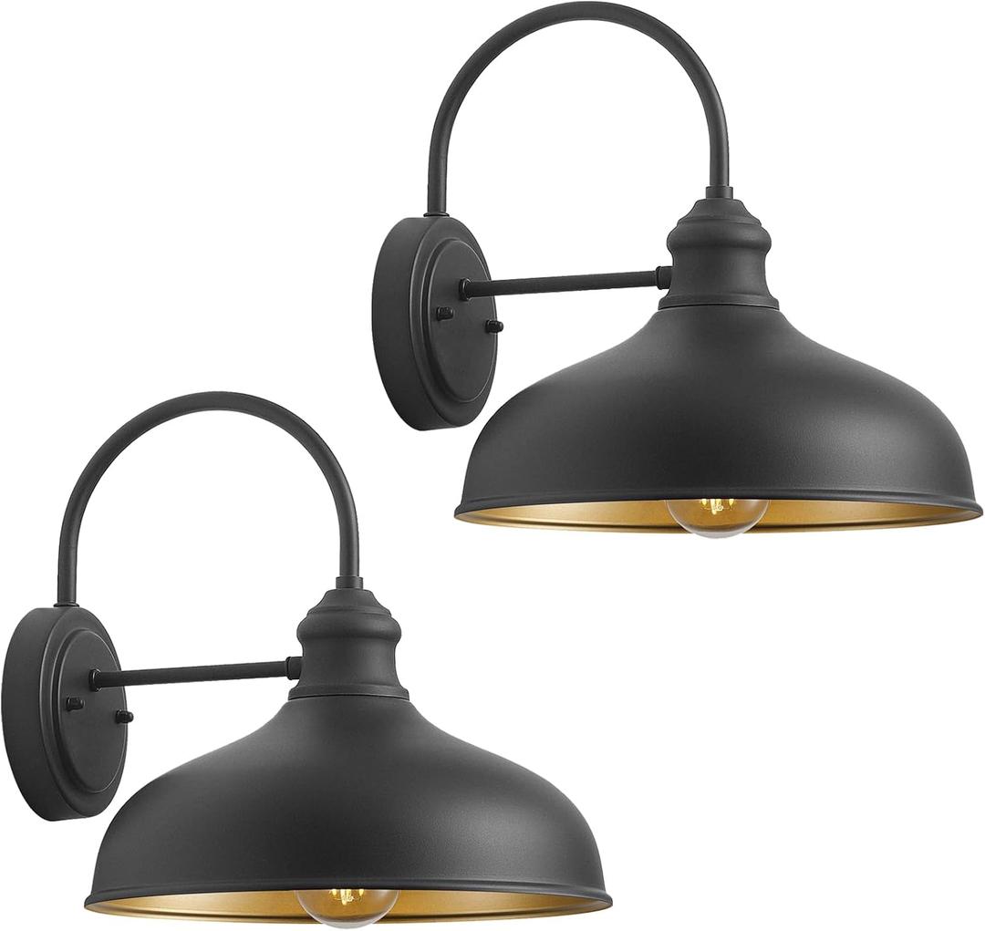 12in Farmhouse Barn Light Outdoor, 2 Pack Garage Exterior Matte Black Gooseneck Sconce with Brass Interior, Large Outside Porch Door Wall Mount Lights for Patio, Entryway, Balcony, 12" Dome