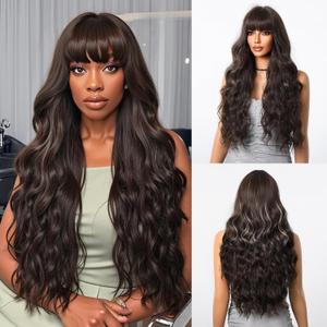 Allbell Dark Brown Wigs with Bangs Long Wavy Brown with Blonde Highlight Wig for Women,Natural Synthetic Daily Cosplay Costume Wig (Balayage Brown 3043-1)