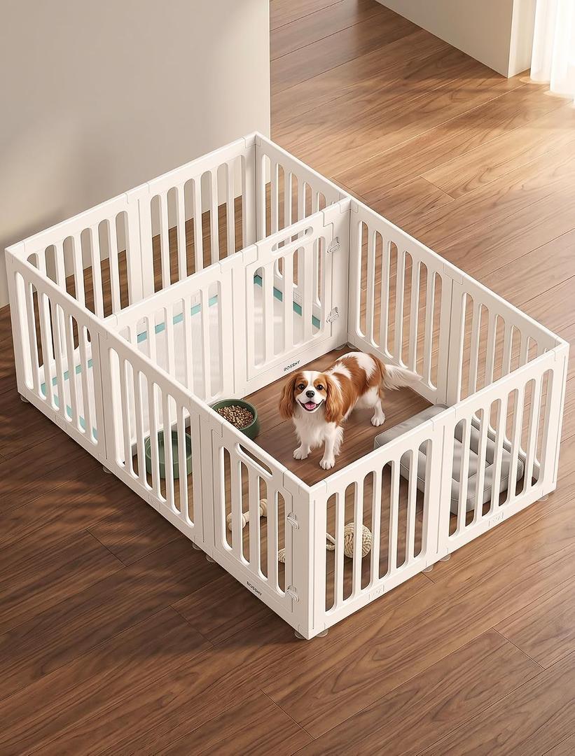 Rossny 12-Panel Indoor Dog Puppy Playpen with Divider, Potty + Play Zone
2 Doors for Play & Dining Zones, 24" H 60" L for Small Dogs, Scratch-Free Plastic HPDE Pet Enclosure, Tool-Free, Breezy