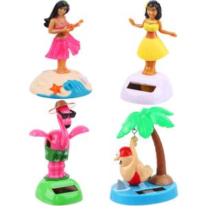 4 Pack Hawaii Girl Solar Powered Dancing Toys Flapping Wings Flamingo Car Shaking Head Dancer Doll Hawaii Toy Swing Figurines Car Windowsill Decor for Car Dashboard Toys Gift Office Desk Decor (Type5)