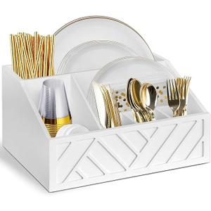 Ukonvi Paper Plate Dispenser and Holder for Kitchen Counter, Wood Rustic Silverware Utensil Caddy, Cutlery Flatware Organizer Box for Cups Spoons Forks Napkins, Kitchen Accessories