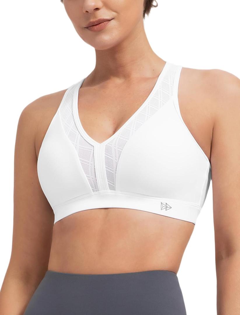Yvette V Neck Diamond Mesh Yoga Sports Bra Light Support with Built-in Pads Wireless Bra Cropped Tank Top (Small, White)