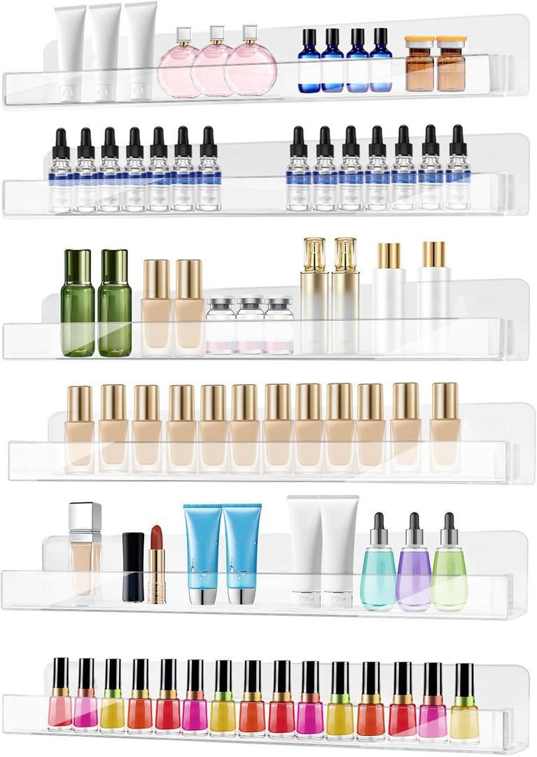 6 Pack Wall Mounted Acrylic Nail Polish Organizer Rack 15 Inch Clear Nail Polish Shelf with Removable Ends Multi-Purpose Shelf for Essential Oils Cosmetics Storage Display for Salon Bathroom