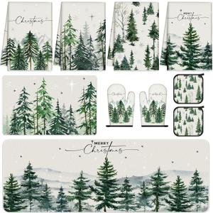 10 Pcs Christmas Kitchen Dish Towels Rugs Oven Mitts and Pot Holders Set Green Christmas Tree Farmhouse Kitchen Decor Set for Women Mom Daughter Gift Cooking Baking