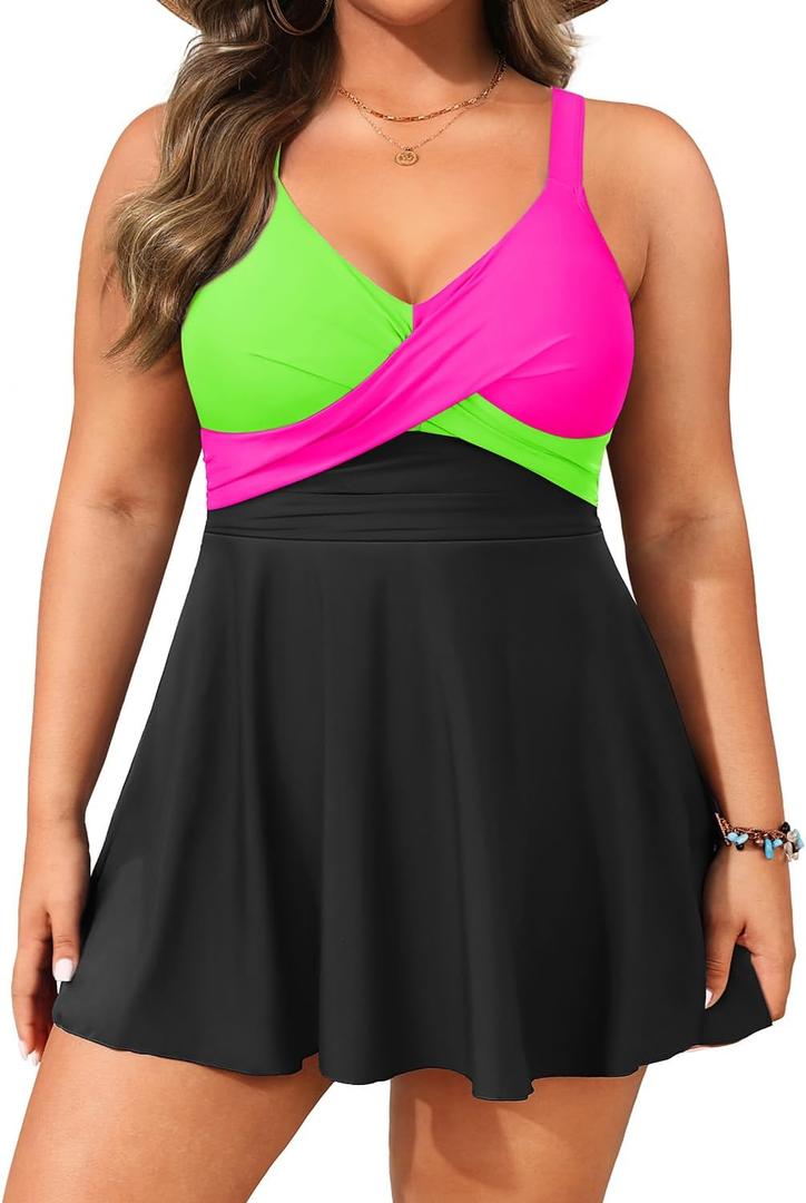 Plus Size Tummy Control Swimdress, Two piece Tankini with Shorts | V Neck, Twist Front, Removable Cups, High Waist Bottom, Adjustable Straps, Flowy Dress Top (Black, XL)