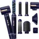 Blow Dryer Brush 7inONE,110000RPM High-Speed Negative Ionic Hair Dryer with Diffuser Concentrator,Curling Iron Hair Straightener Round Brush Blow Out Magic Styler,Volumizing Air Styler (Blue Gold)