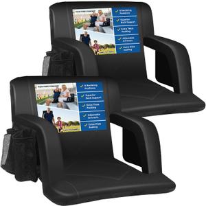 Sheenive Stadium Seat with Back Support Padded Bleacher Chairs with Back and Cushion, Portable Folding Bleacher Seat with Armrest, 6 Reclining Positions, Large Stadium Seat with Cup Holders & Pockets (20.5" Wide, Black, 2 Pack)