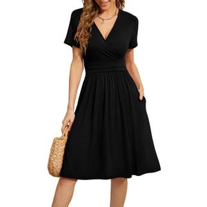 WEACZZY Women's Summer Short Sleeve Casual Dresses V-Neck Floral Party Dress with Pockets, Black 2XL