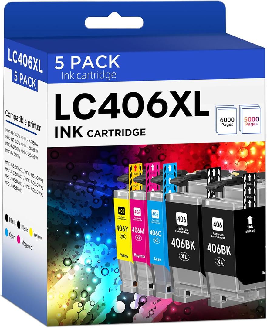 LC406XL LC406 Ink Cartridges Compatible for Brother LC 406XL LC 406 XL LC 406 Ink for MFC-J4335DW MFC-J5855DW MFC-J6555DW MFC-J4535DW MFC-J6955DW MFC-J4345DW MFC-J5955DW Printer (5 Pack, 2 BK/C/M/Y)