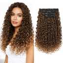 FLUFYMOOZ Clip in Hair Extensions, 18'' 4PC 100 Pure Protein Silk Curly Hair extension for Women Lace Weft Hairpiece Natural Soft and comfortable for Daily Use-Almond Brown with Cooper Red