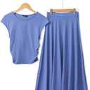 Dokotoo Women's 2 Piece Summer Outfits Casual Crewneck Short Sleeve Ruched Knit Tops Elastic Waist A-Line Midi Skirt Set (Blue, S)