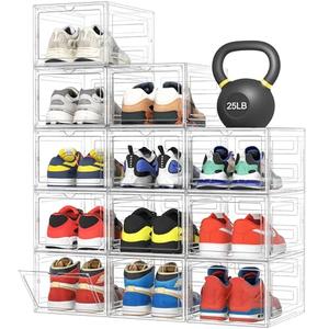 Pinkpum Upgraded Hard Shoe Storage Box 12 Pack X-Large Fit Size 12, Thicken & Sturdy Clear Plastic Stackable Shoe Organizer Box Closet, Sneaker Storage Display Case Holder Bins with Magnetic Door