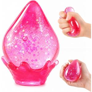 2 x Dream Glitter Drop Squishy, Sugar Droplet Squishy Stress Ball, Water Drop Fidget Toy, Raindrop Squishy Sensory for Anxiety Relief, Slow Rising Squeeze Toy Gift for Birthday (Glitter Red), 2.4 inches
