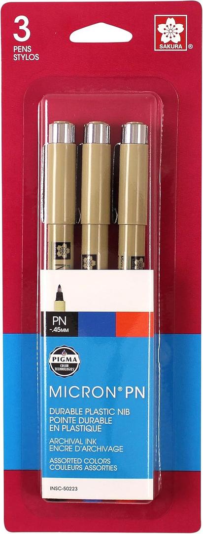 SAKURA Black, Blue & Red Pigma Micron PN Pens .45mm 3/Pkg, 3 Count (Pack of 1)