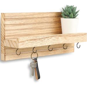 Lwenki Decorative Key Holder for Wall with Shelf, Entryway Shelf with Hooks Holds Leashes, Jackets and Glasses Sturdy Wood Keyholder Entrance Hanger with Mounting Hardware (Wood, Medium)