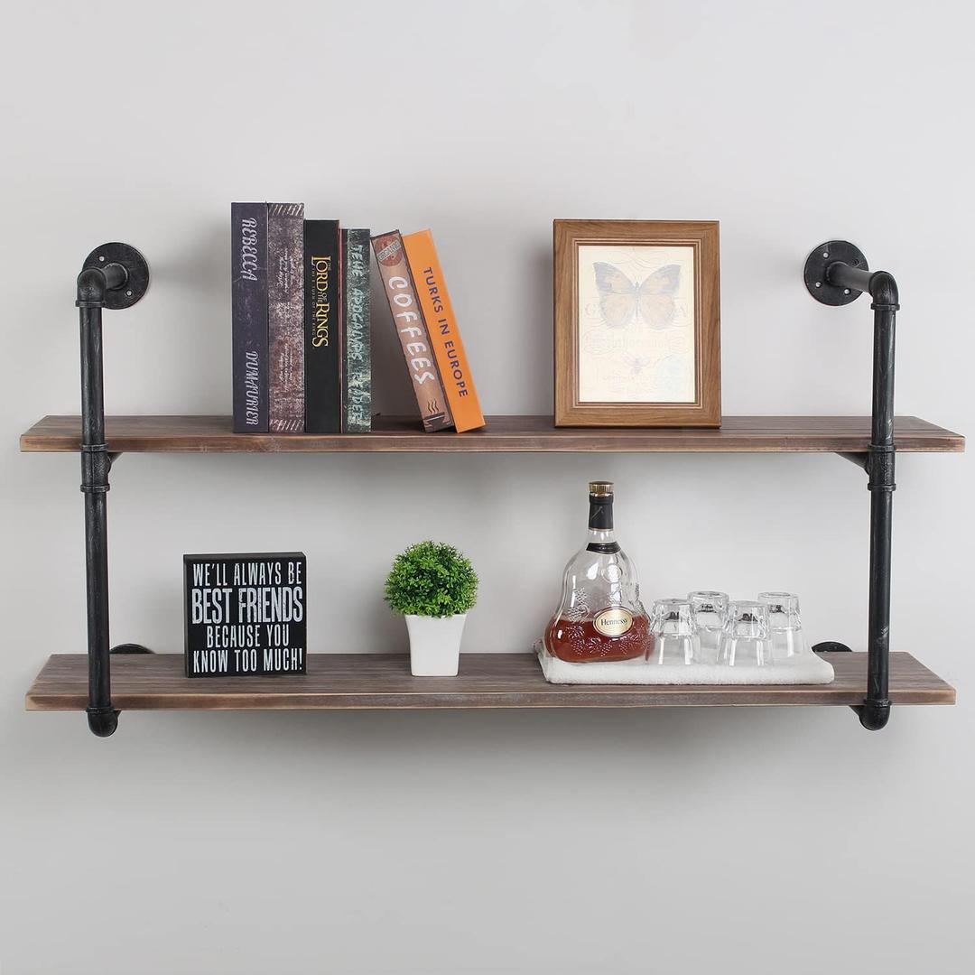 MBQQ Industrial Pipe Shelving Wall Mounted,48in Rustic Metal Floating Shelves,Steampunk Real Wood Book Shelves,Wall Shelf Unit Bookshelf Hanging Wall Shelves,Farmhouse Kitchen Bar Shelving(2 Tier)