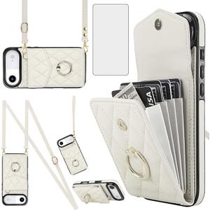 Asuwish Phone Case for iPhone 17 Air 6.5 inch Wallet Cell Cover with Tempered Glass Screen Protector Crossbody Wrist Strap Ring RFID Blocking Card Holder i Phone17 i17 17Air Women Men Girls Off White